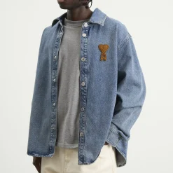 AMI Paris Denim Overshirt With Knitted Ami De Coeur