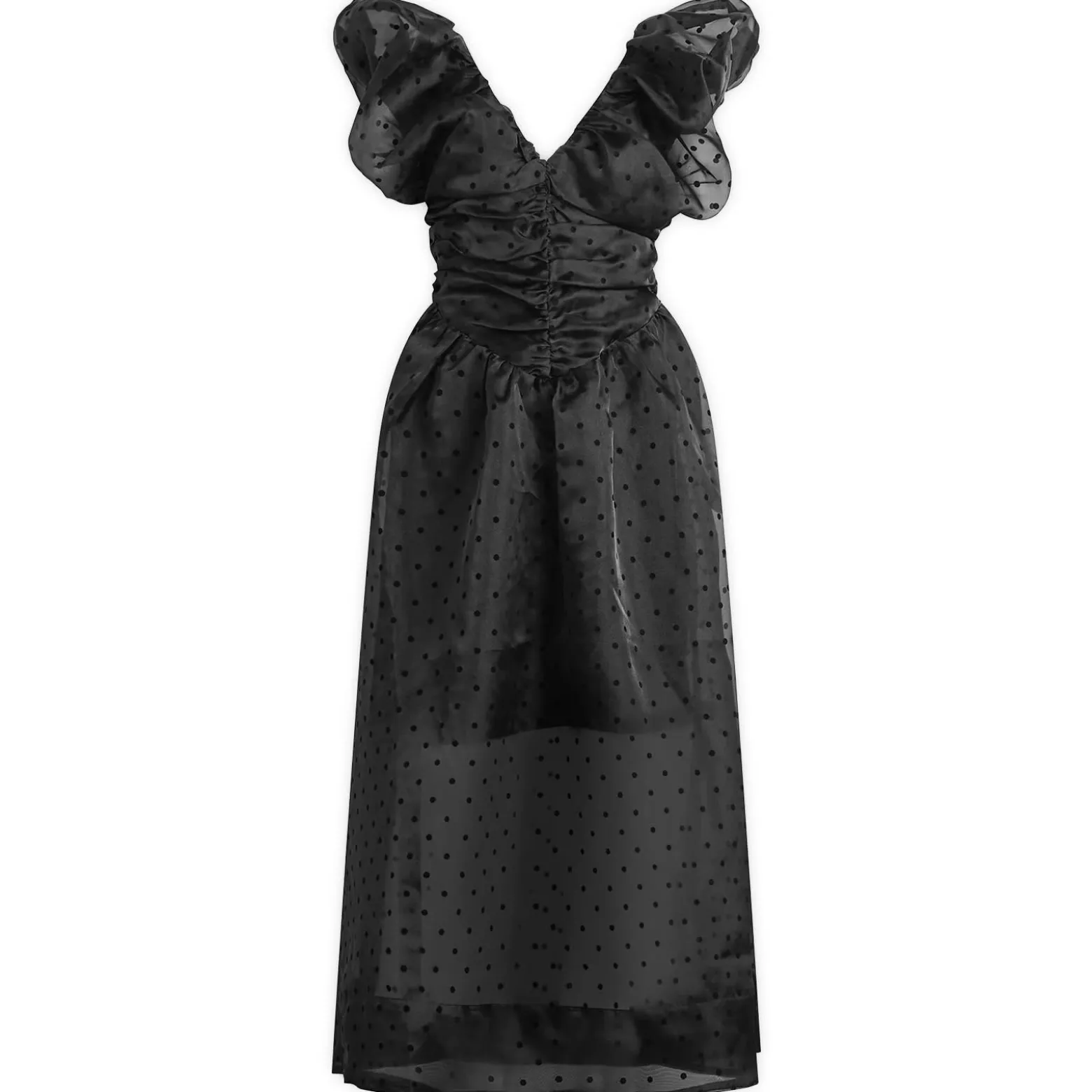 GANNI Flocked Organza Long Ruched Dress