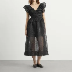 GANNI Flocked Organza Long Ruched Dress