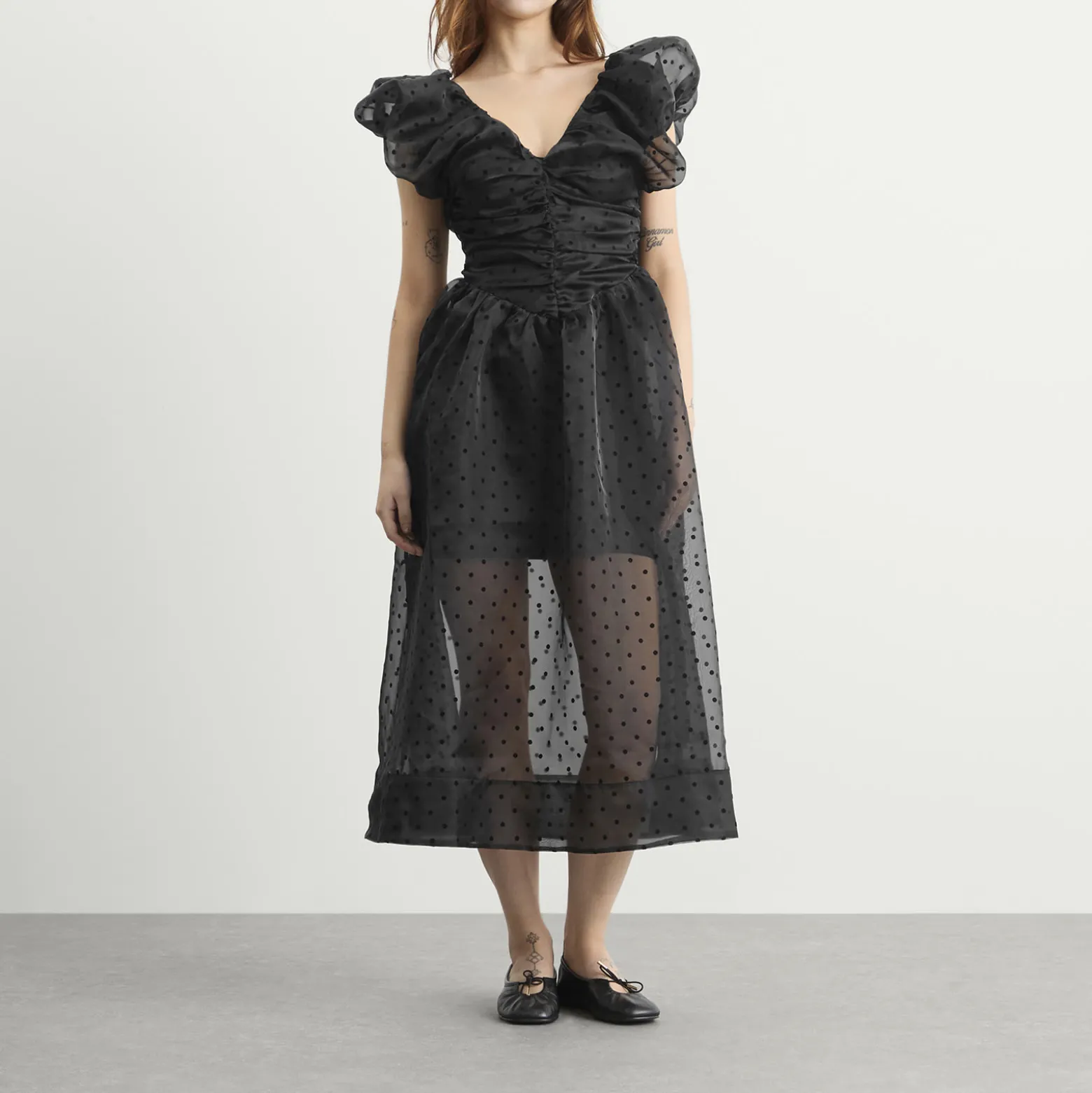 GANNI Flocked Organza Long Ruched Dress