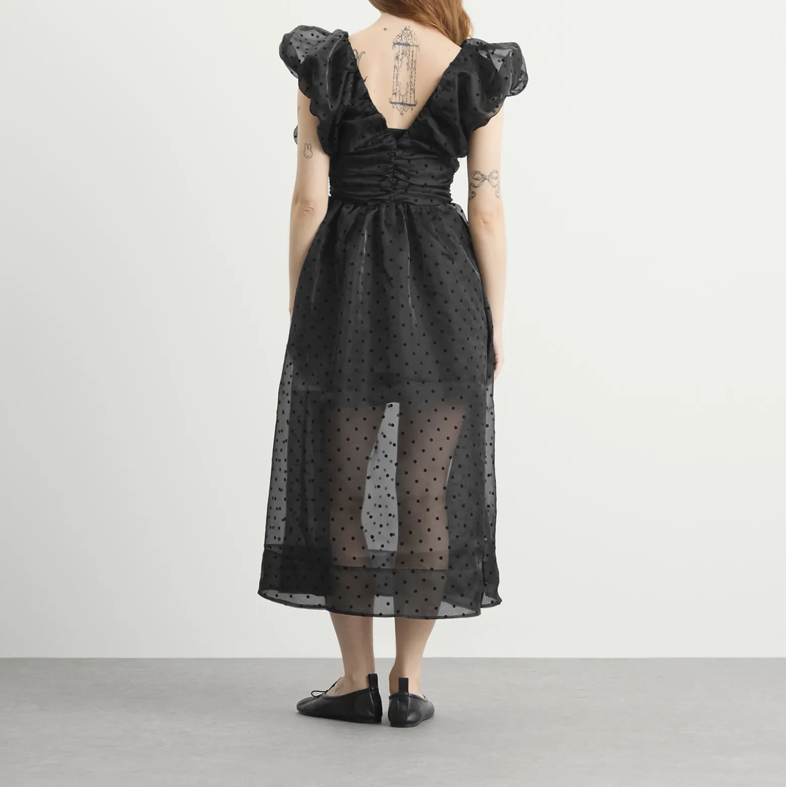 GANNI Flocked Organza Long Ruched Dress