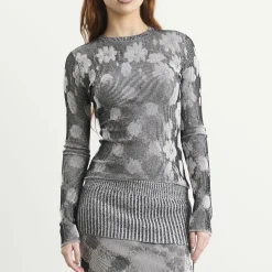 Paolina Russo Illusion Knit Fitted Long Sleeve Top