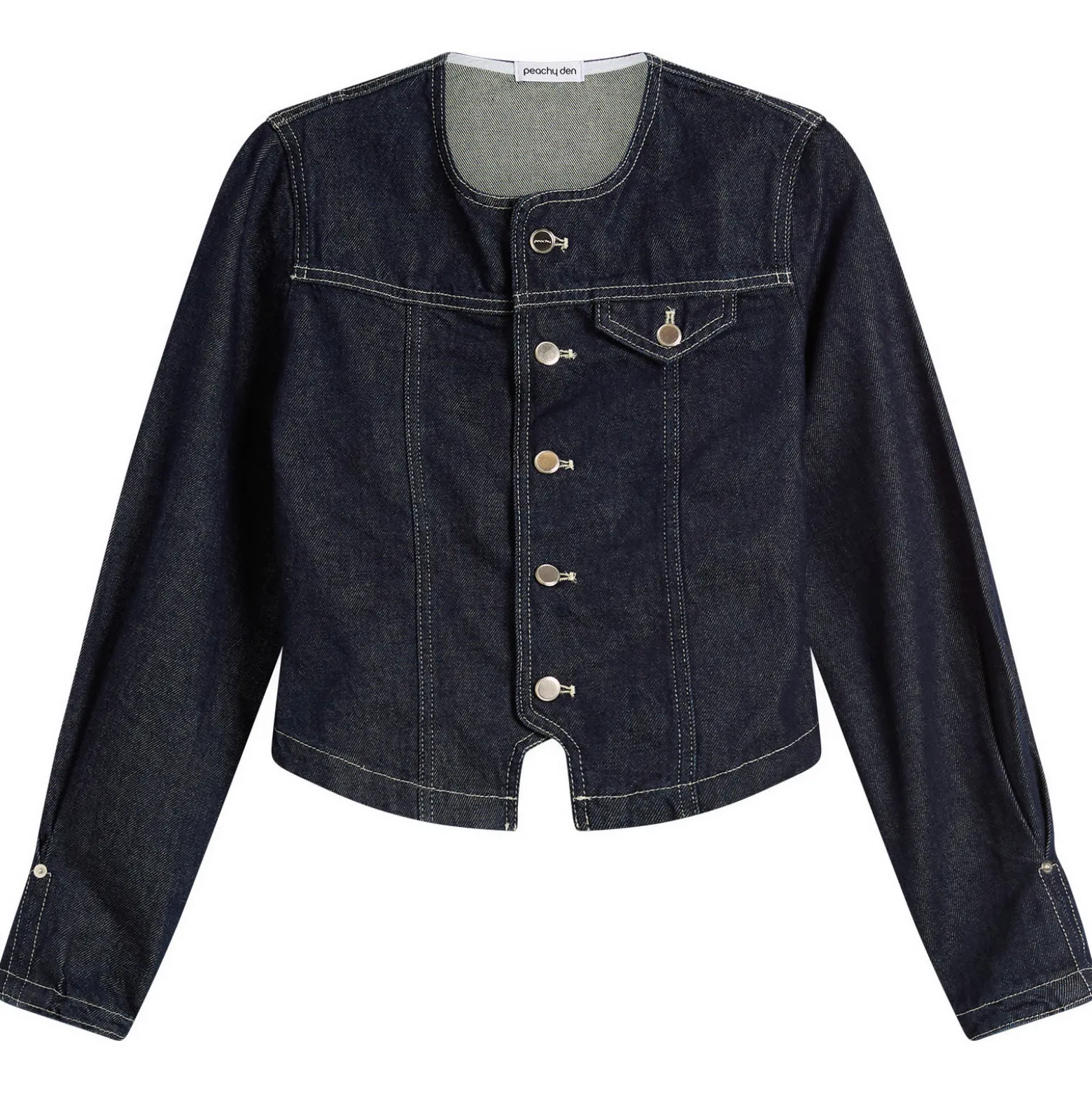 Peachy Den Goldie Collarless Denim Jacket