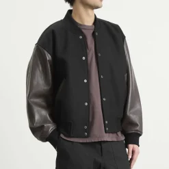 Studio Nicholson Alph Leather Wool Varsity Bomber Jacket